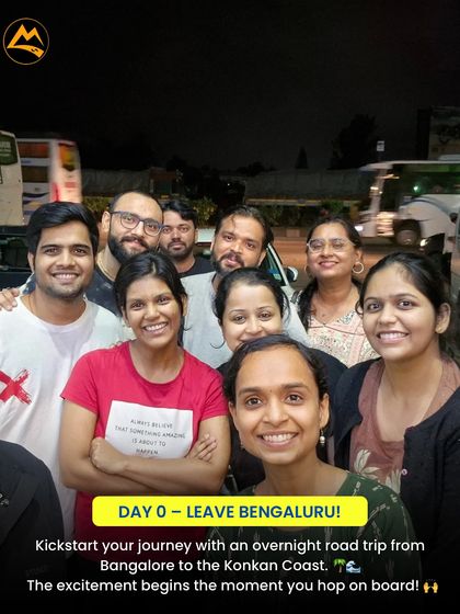 The excitement begins the moment you hop on board. Our crew, all smiles, ready to leave Bangalore for an overnight road trip to the Konkan Coast.