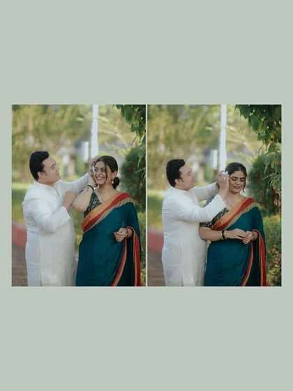 A playful and affectionate diptych. The groom gently tucks her hair back, a small gesture full of love, captured during their traditional pre-wedding shoot.