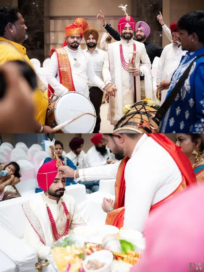 A collage capturing the groom's energetic baraat entrance with dhol players, a key part of a Punjabi wedding celebration.