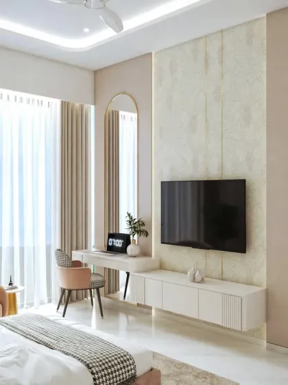 This master bedroom shows how we can create a luxurious feel in any space. It combines a sleeping area with a compact, elegant work-from-home desk and a floating TV unit, all in a cohesive design.