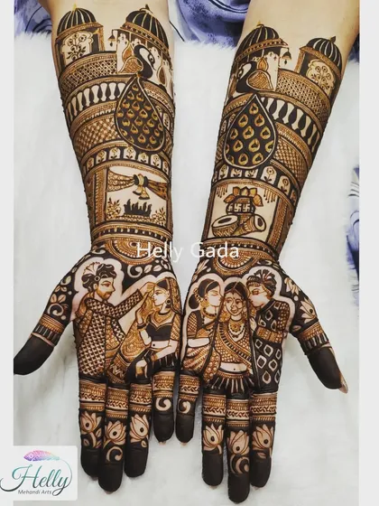 A clear, full view of the completed story-telling bridal mehndi. One hand shows the couple, while the other features the bride with her parents, celebrating family bonds.