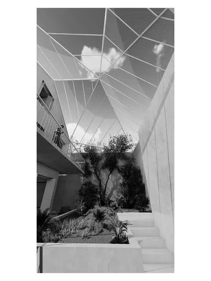 This view into the sunken court shows how the space connects visually with the upper-level living areas, creating a multi-layered and interactive home environment.