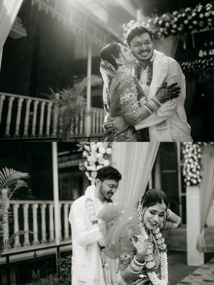 Two candid moments captured in black and white, showing the couple's playful interactions and loving glances during their wedding day.