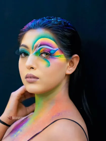 A side profile of the Holi-inspired look, showing the intricate blending of colors and the graphic shapes that make this a true work of art.