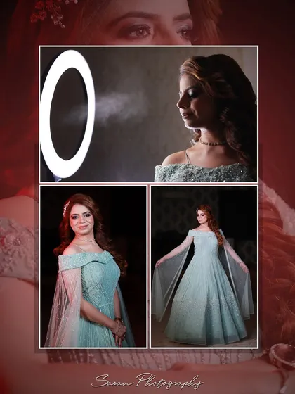 A collage showing the bride getting her makeup done and posing in her light blue engagement gown.