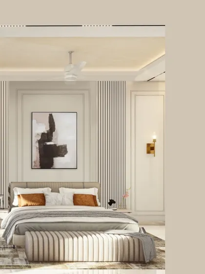This bedroom is a study in comfort and relaxation, using a palette of light neutral tones and soft textures. I incorporated detailed wall paneling, layered lighting, and contemporary art to create a space that feels both sophisticated and deeply personal.
