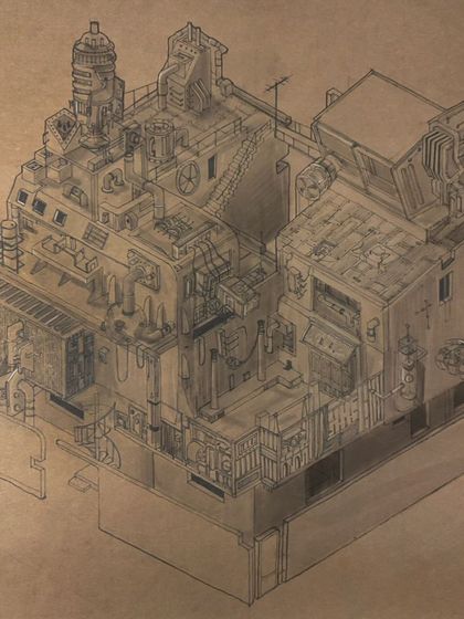 A variation of the final illustration, showing the depth and detail of the line work. Ajith's work became an expression of the frantic, creative activity that defines the 1 Shanthi Road universe.