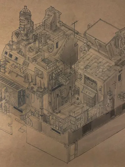A variation of the final illustration, showing the depth and detail of the line work. Ajith's work became an expression of the frantic, creative activity that defines the 1 Shanthi Road universe.