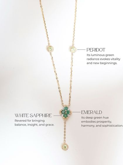 A detailed breakdown of the gemstones in the Green Meadow necklace: emerald for prosperity, white sapphire for clarity, and peridot for renewal.