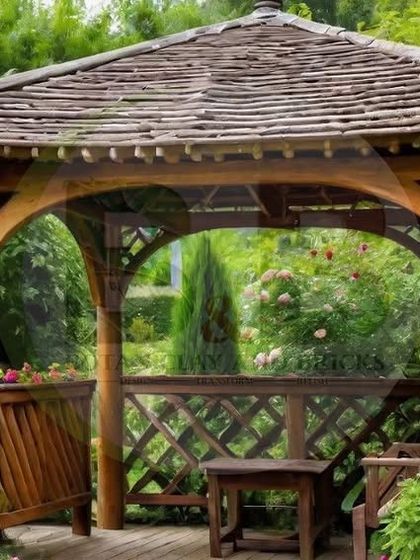 A rustic wooden gazebo nestled amongst a profusion of flowering bushes. This structure provides a charming focal point and a sheltered seating area within a vibrant and colorful garden.