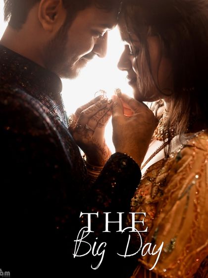 A beautifully backlit silhouette of a couple holding their rings, titled "The Big Day." This artistic shot perfectly symbolizes their engagement.