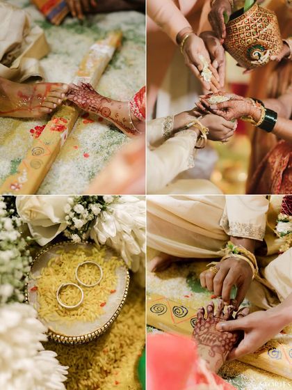 A collage of details from a South Indian wedding: the rings, the henna-adorned feet, and the hands joined in ritual, telling the story of the day.