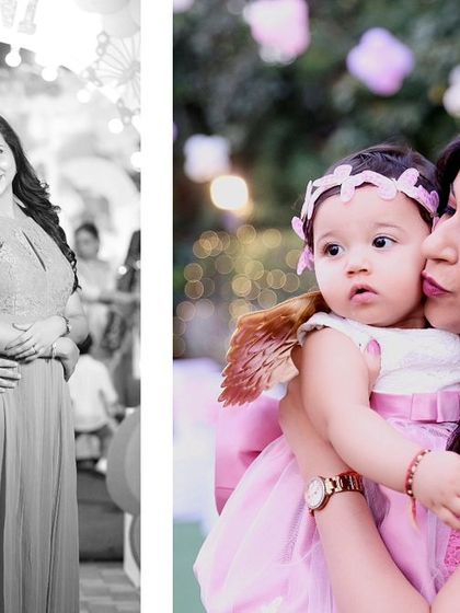 A beautiful album spread featuring a classic couple's portrait alongside a tender moment between mother and child. This is how we preserve your family's story.