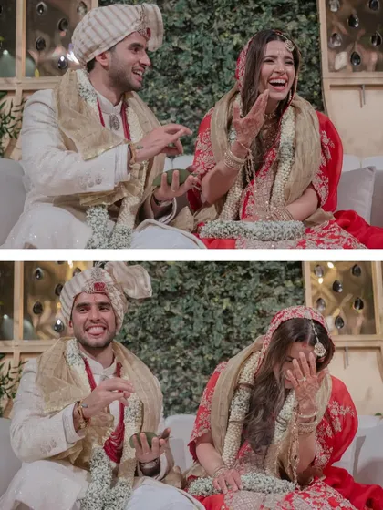 A collage showing Shivaan's playful reaction to a sindoor mishap. Their shared laughter turns a small mistake into a funny and memorable moment.