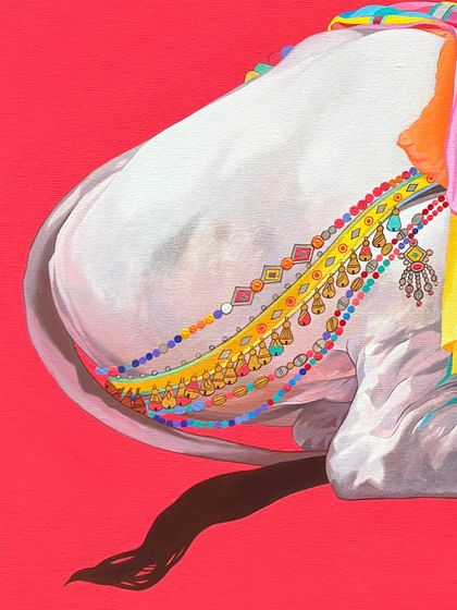 Another detail from Mohammed Osman's 'Gangireddhu Series,' showcasing the colorful adornments on a temple bull. This series marks a significant part of our journey with one of Hyderabad’s most beloved contemporary artists.