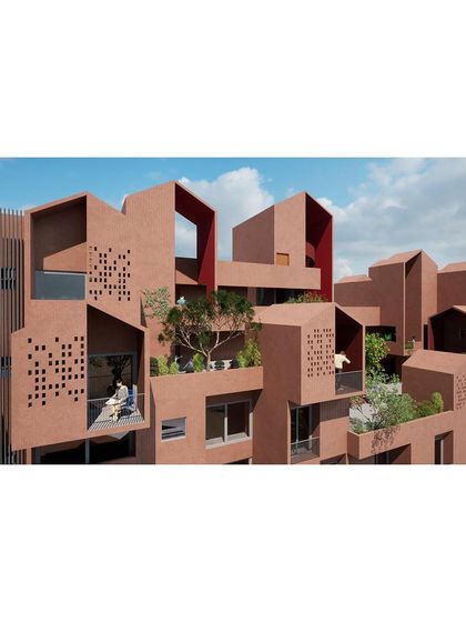 A closer view of the redevelopment concept, highlighting the mix of private balconies, perforated screens, and shared green spaces. The design creates a village-like atmosphere within a dense urban block.
