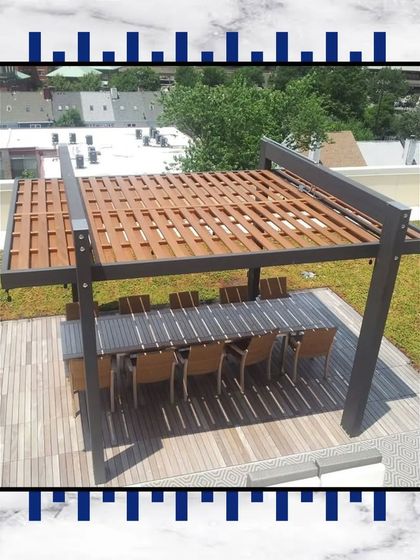 Imagine hosting dinners under the stars. This rooftop dining setup, sheltered by a modern wooden pergola, is perfect for creating unforgettable memories with family and friends.