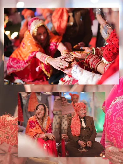 This collage captures the involvement of family in the wedding rituals. It shows parents participating in the ceremony, highlighting the union of two families.