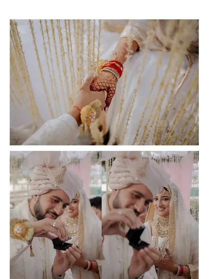 The ring exchange during the Nikaah. This sequence captures the groom's happy expression as he prepares to place the ring on his bride's finger.