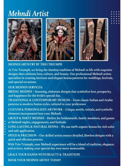 We bring the timeless tradition of Mehndi to life with our professional artists. They specialize in creating intricate and beautiful henna patterns for brides and guests.