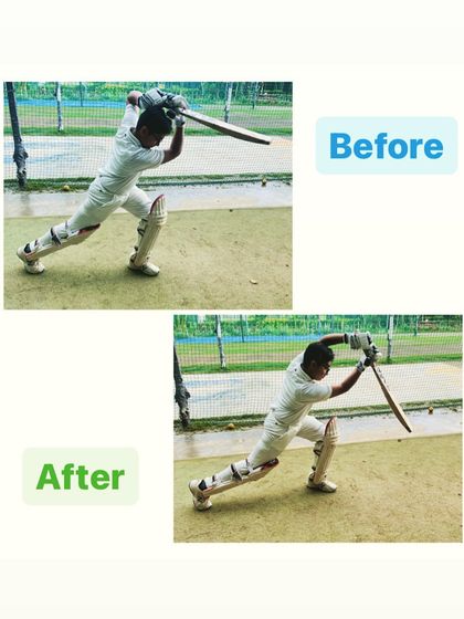 A clear before and after comparison of a player's batting stance. With coaching, we corrected his balance and head position, leading to better shots.
