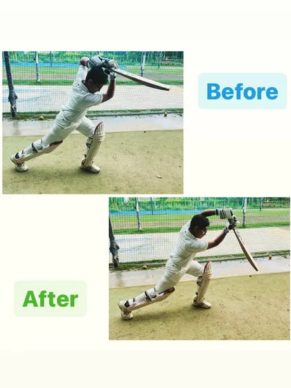 A clear before and after comparison of a player's batting stance. With coaching, we corrected his balance and head position, leading to better shots.