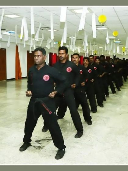A line of black belt students in a ready stance. This image captures the seriousness and readiness of our advanced practitioners.