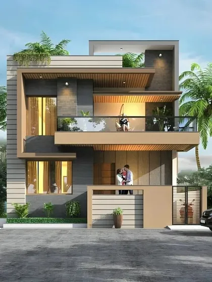 This contemporary home, designed for a compact urban plot, maximizes space and style. The facade features a dynamic interplay of stacked volumes, with recessed balconies, wood-paneled ceilings, and rooftop planters that add a touch of green to the modern exterior.