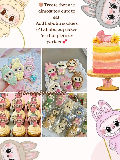 A mood board for Labubu-themed edible treats, like character cookies and cupcakes.