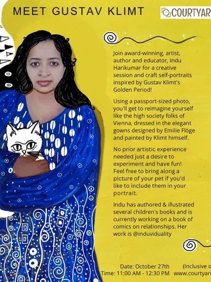 The poster for our "Meet Gustav Klimt" creative self portrait session with Indu Harikumar. The workshop invited participants to reimagine themselves in the elegant gowns of Emilie Flöge, painted by Klimt.