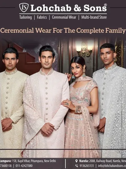 We offer ceremonial wear for the complete family. This image showcases our ability to create coordinated looks for men and women, ensuring everyone looks their best for the special day.