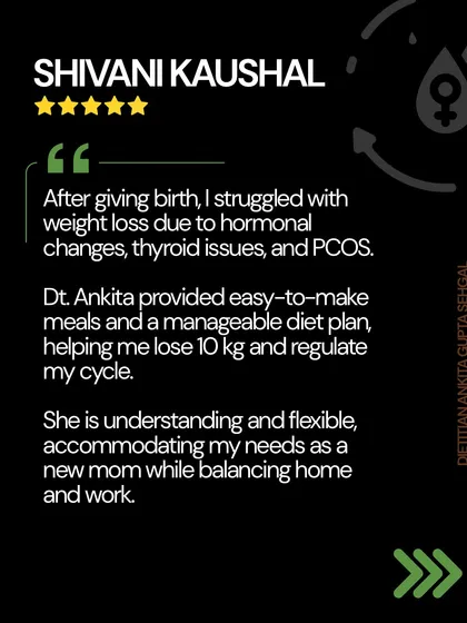 This is why I do what I do. Shivani's story of losing 10 kg and regulating her cycle after giving birth, all while managing hormonal changes, thyroid issues, and PCOS, is a testament to what a flexible, personalized diet plan can achieve. My plans are designed for real life, especially for busy new moms.