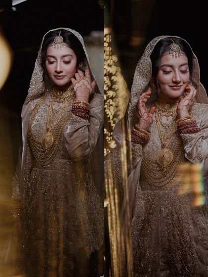 A collage of a Muslim bride's portraits, showcasing her elegance and the beautiful details of her wedding attire.