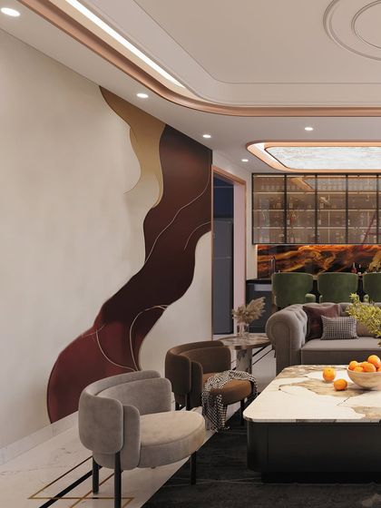 Another view of the abstract mural wall, demonstrating how it acts as a powerful art piece that anchors the entire living space.