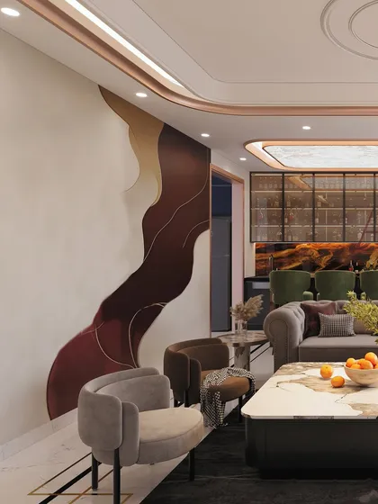 This angle shows the seamless transition from the living area to the home bar, unified by a sophisticated color palette and curved design motifs.