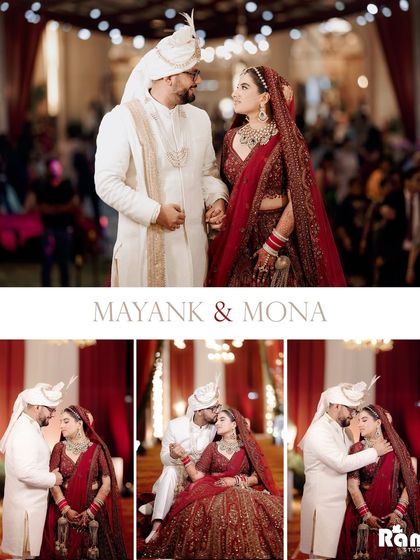 A collage of the couple's romantic moments from their wedding day, capturing forehead kisses and loving embraces.