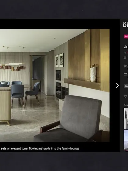 A screenshot from a feature on the Jor Bagh Residence, showing how the refined formal dining area flows naturally into the family lounge. The design prioritizes both elegance and comfort.