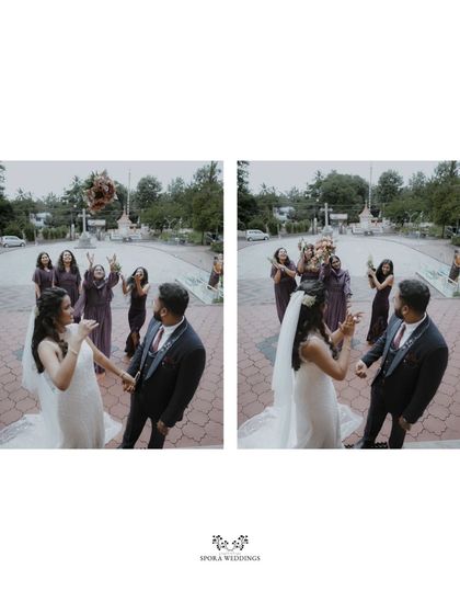 The fun and tradition of the bouquet toss, captured as the bride throws her flowers to her eager friends.
