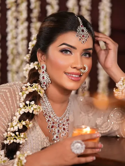 A candid shot of the bride holding a candle, highlighting the warm glow of the makeup and the intricate details of her jewelry.