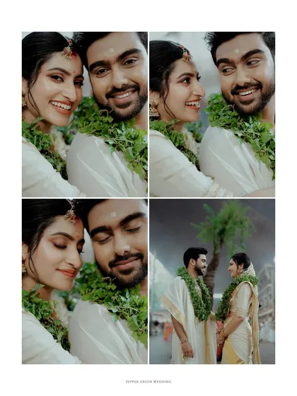 A collage of intimate and happy moments from a Guruvayur temple wedding, capturing the couple's loving glances and smiles.