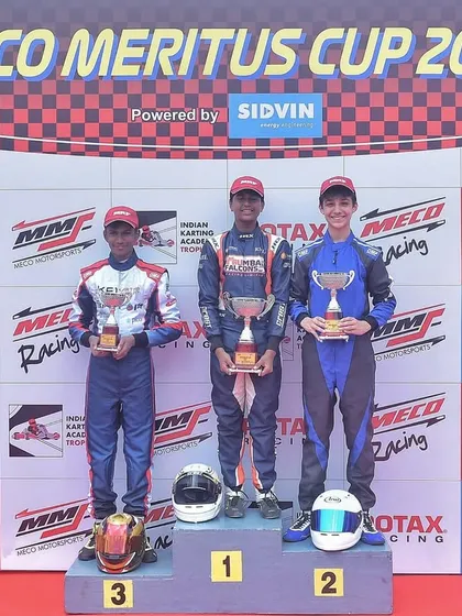The OK-Junior podium from Round 1 of the Meco Meritus Cup 2025.