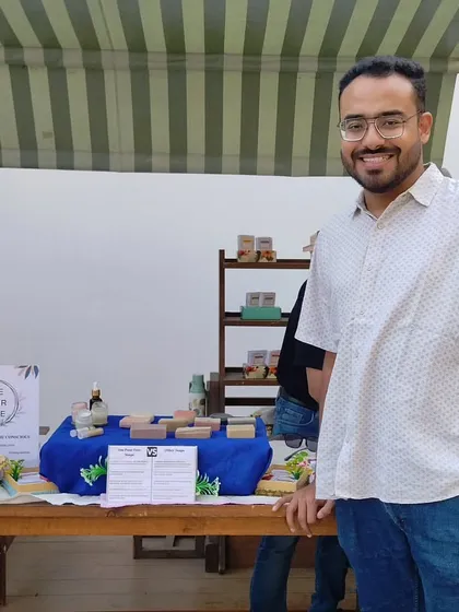 A happy customer posing at my stall. Meeting the people who use and love my products is the best part of these events.