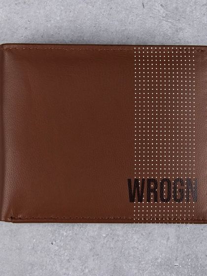 A front-facing shot of the brown dotted 'WROGN' wallet.
