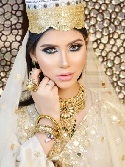 A close-up of the striking eye makeup for a traditional Muslim bridal look. We teach students how to create bold, expressive eyes that are a hallmark of this style.