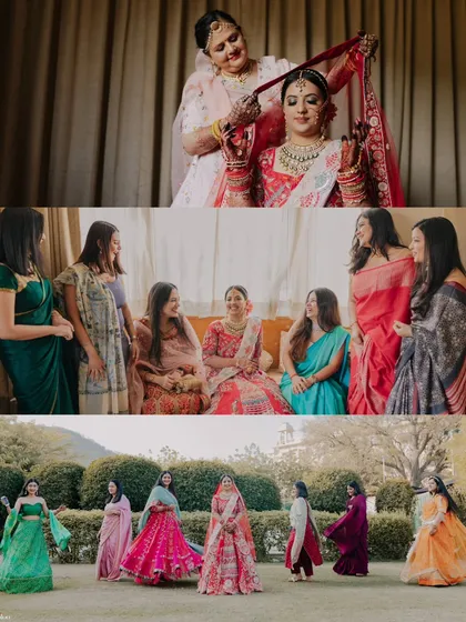 A collage capturing the bride, Riya, getting ready for her big day. It includes a tender moment with her mother, fun with her bridesmaids, and a stunning solo shot, telling the story of her morning.