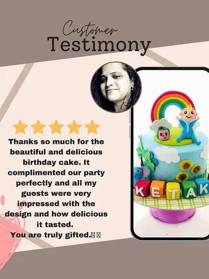 A wonderful review from a happy client for the Cocomelon birthday cake, complimenting its design and delicious taste.