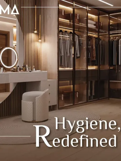 Hygiene, redefined. This dressing area features a vanity and wardrobe system made from bacteria-proof M-Core material. It ensures your personal space remains a clean and healthy sanctuary.
