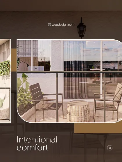 This shot highlights the intentional comfort of the balcony design, with a mix of seating and a small wicker table.