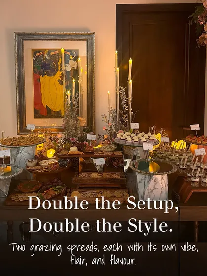 Double the style, double the setup. For this event, we created two distinct grazing spreads, each with its own unique vibe, flair, and flavour profile to cater to different tastes.