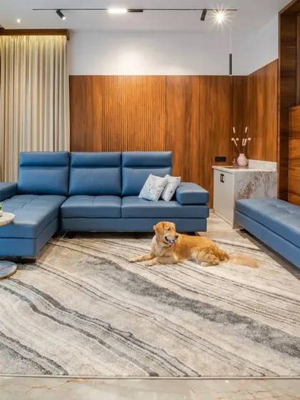 A warm and inviting family living area from our "Vertical Nest" project, featuring a comfortable blue leather sofa and a custom-designed rug over polished marble. Even Leo, the family's Golden Retriever, approves of the cozy and luxurious atmosphere.